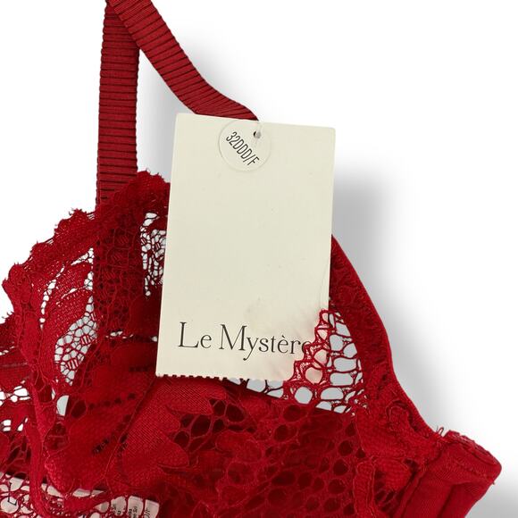 Le Mystere Sheer Lace Allure Demi Bra Size 32DDD Cherry Red Underwire - Picture 6 of 7